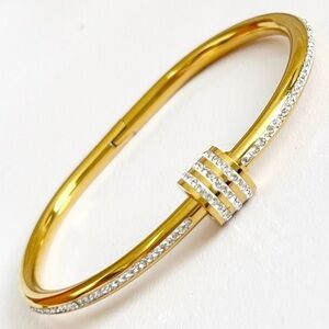 18K Gold Plated Rhinestones Bangle Stainless Steel Bracelet Womens Jewelry Gift